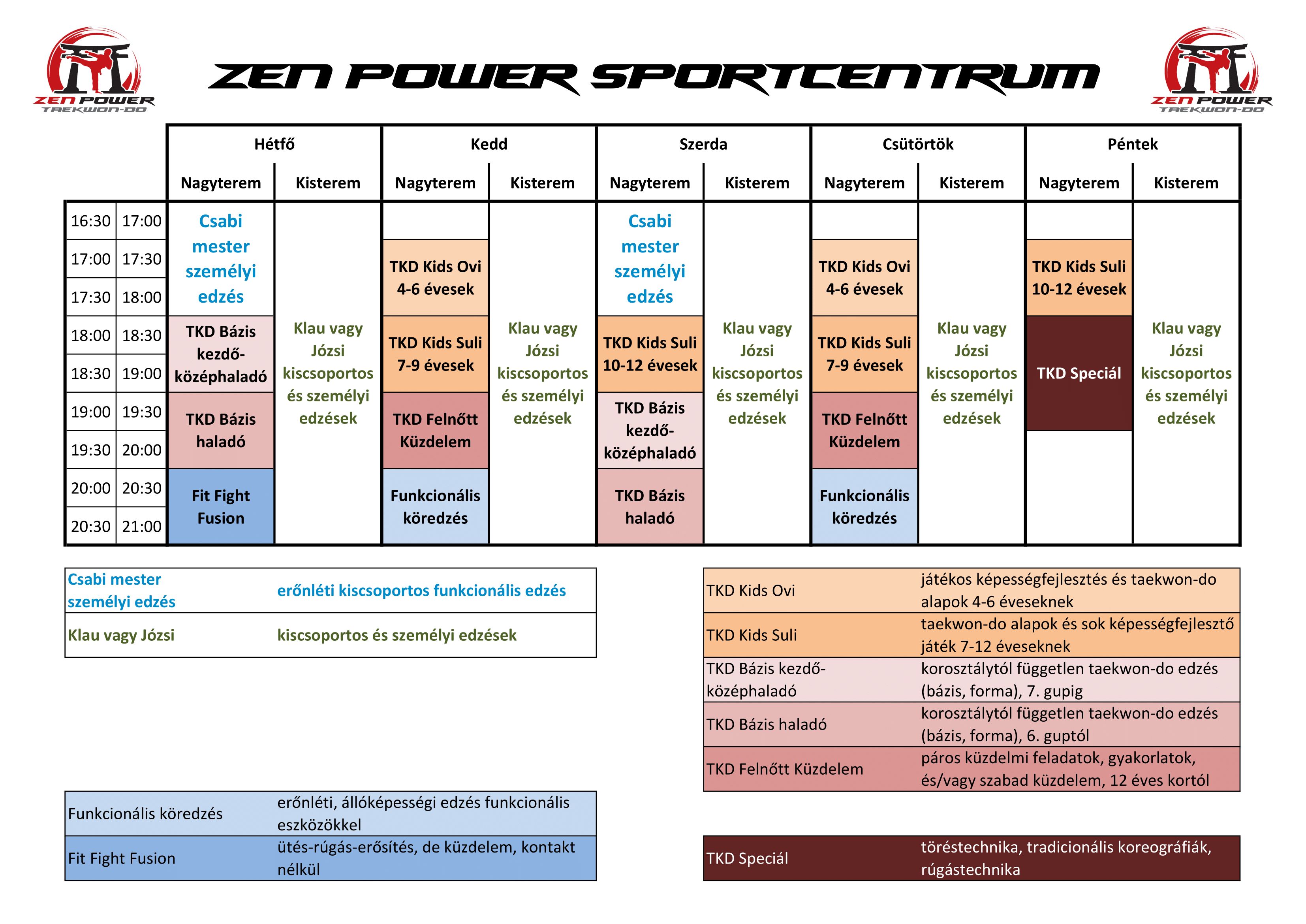Zen Power Sportcentrum - Edzésrend
