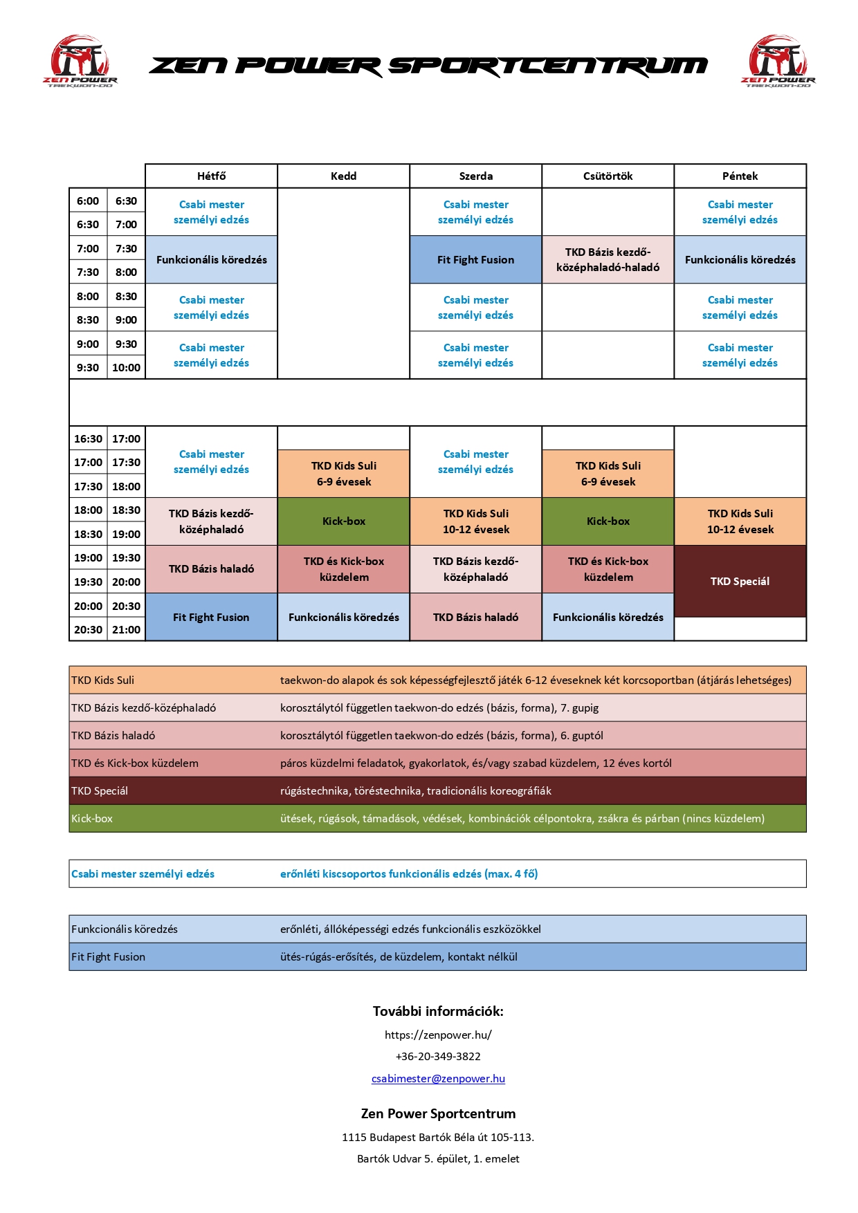 Zen Power Sportcentrum Edzésrend 2024 nyár